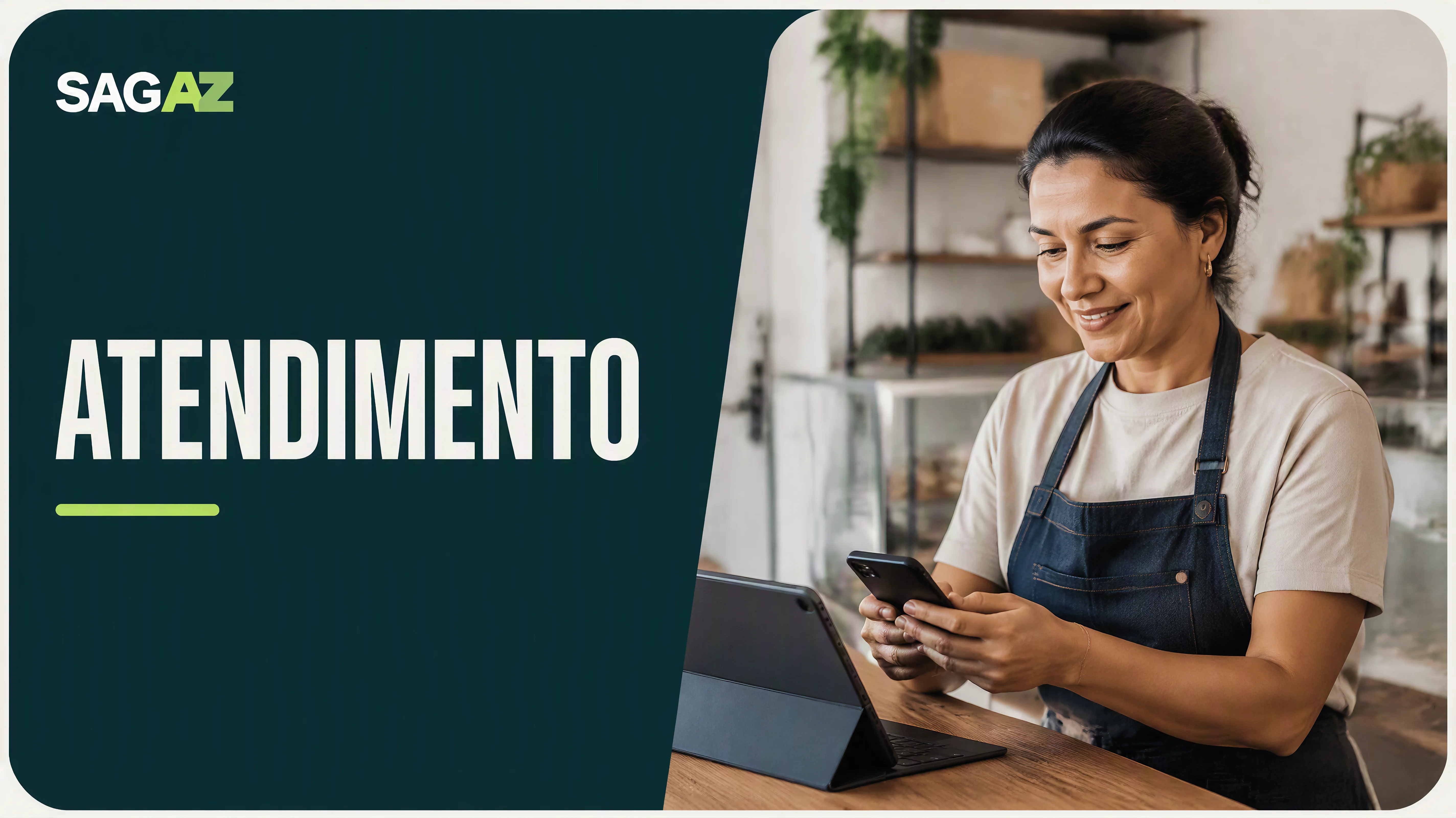 Ilustração SAGAZ sobre atendimento com uma profissional usando o celular