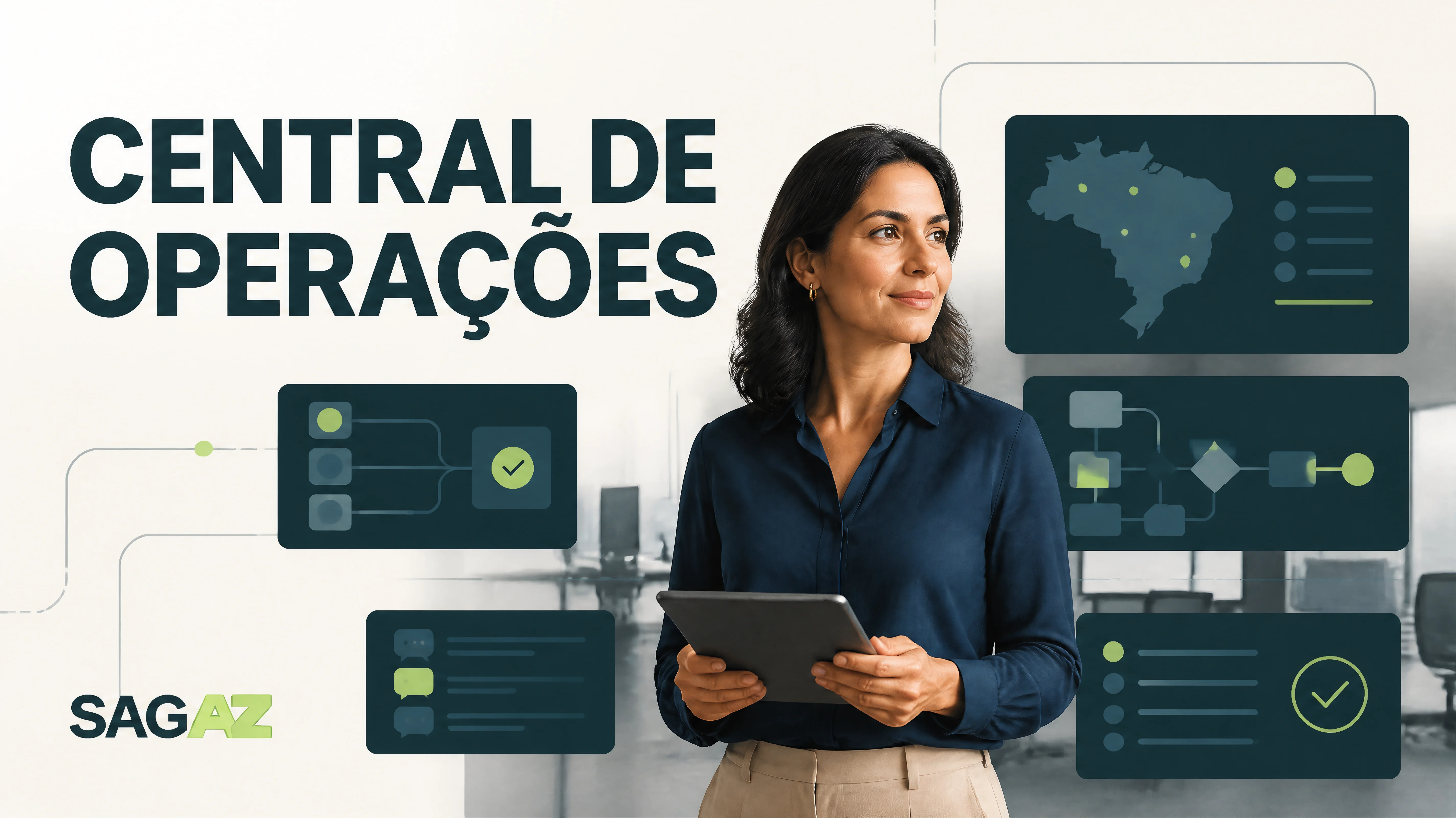 Ilustração SAGAZ mostrando uma central de operações com fluxos organizados